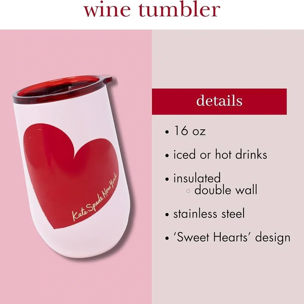 Kate Spade Valentine's Day Wine Tumbler 16 oz Stainless Steel Coffee NWT - Picture 3 of 10